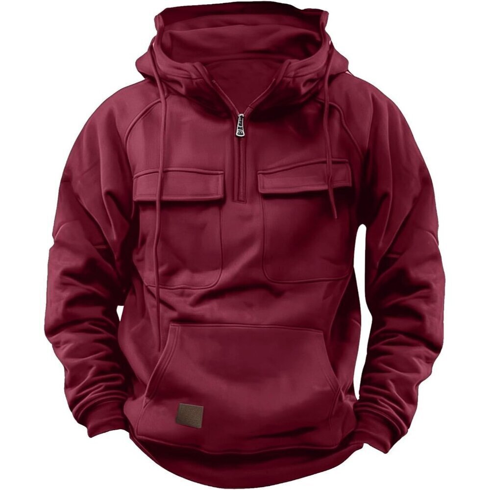 Tactical Hoodie for Men Quarter Zip Cargo Pullover Outdoor Red Sweatshirt